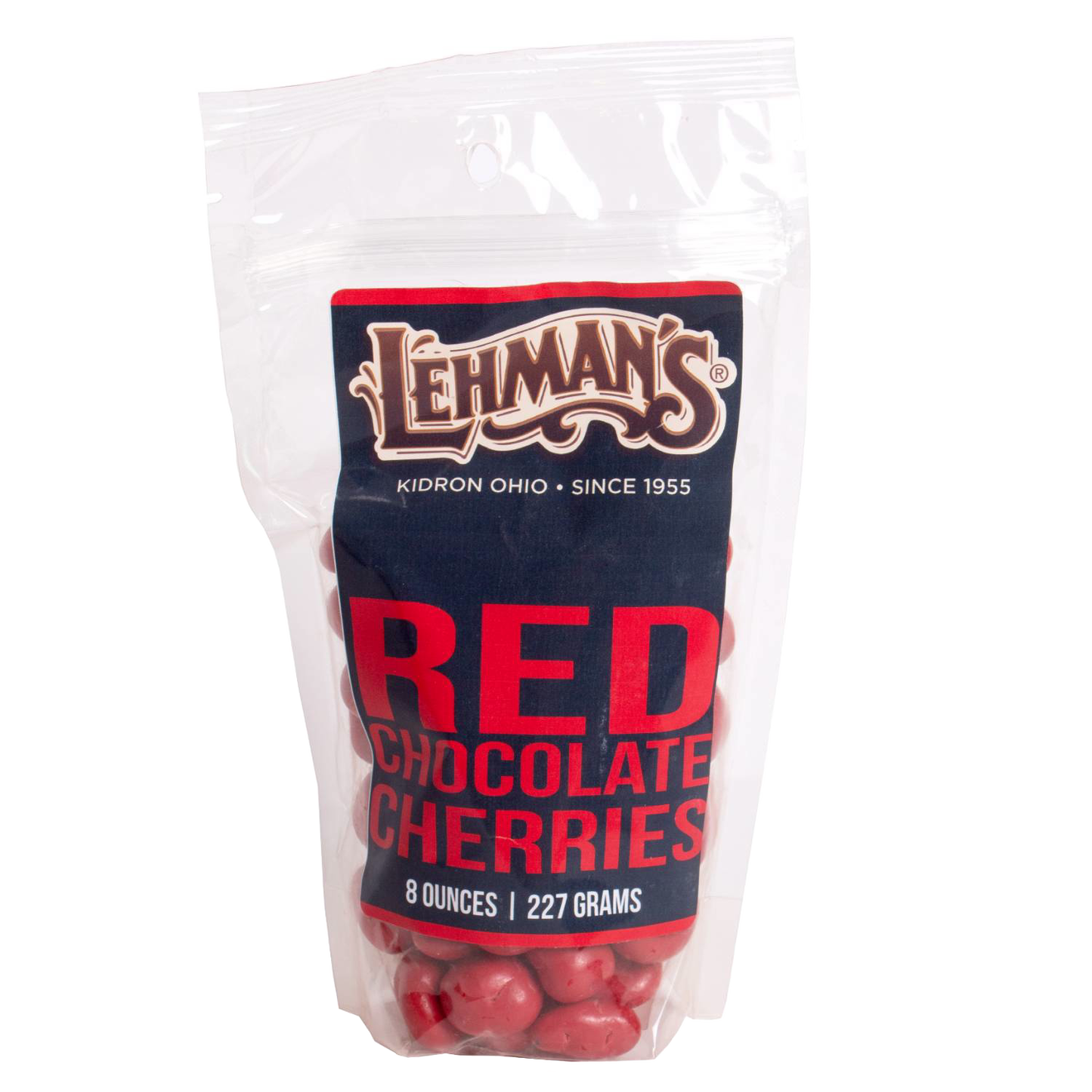 Resealable bag of Lehman's milk chocolate covered Michigan cherries with red sweet cherry coating, perfect for gifting and snacking; featured in Kitchen & Food, Snacks and Sweets, Candy, USA Made, Best Sellers, and Promo Eligible collections.