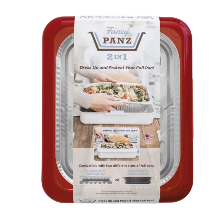Red foil pan cover with clear removable window shown protecting a foil pan filled with food, designed for safe transport and easy serving, made in USA, ideal for Kitchen & Food and Storage collections.