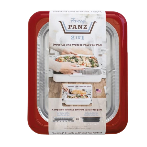 Red foil pan cover with clear removable window shown protecting a foil pan filled with food, designed for safe transport and easy serving, made in USA, ideal for Kitchen & Food and Storage collections.