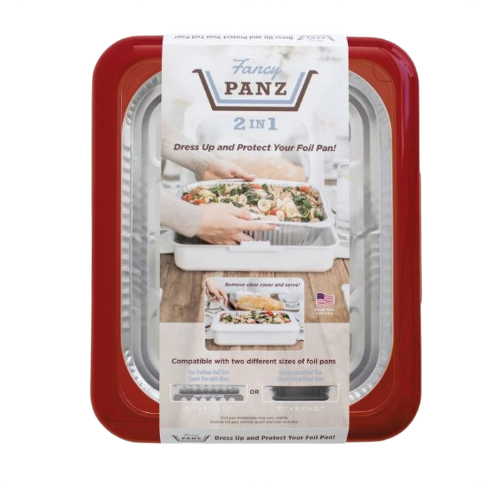 Red foil pan cover with clear removable window shown protecting a foil pan filled with food, designed for safe transport and easy serving, made in USA, ideal for Kitchen & Food and Storage collections.