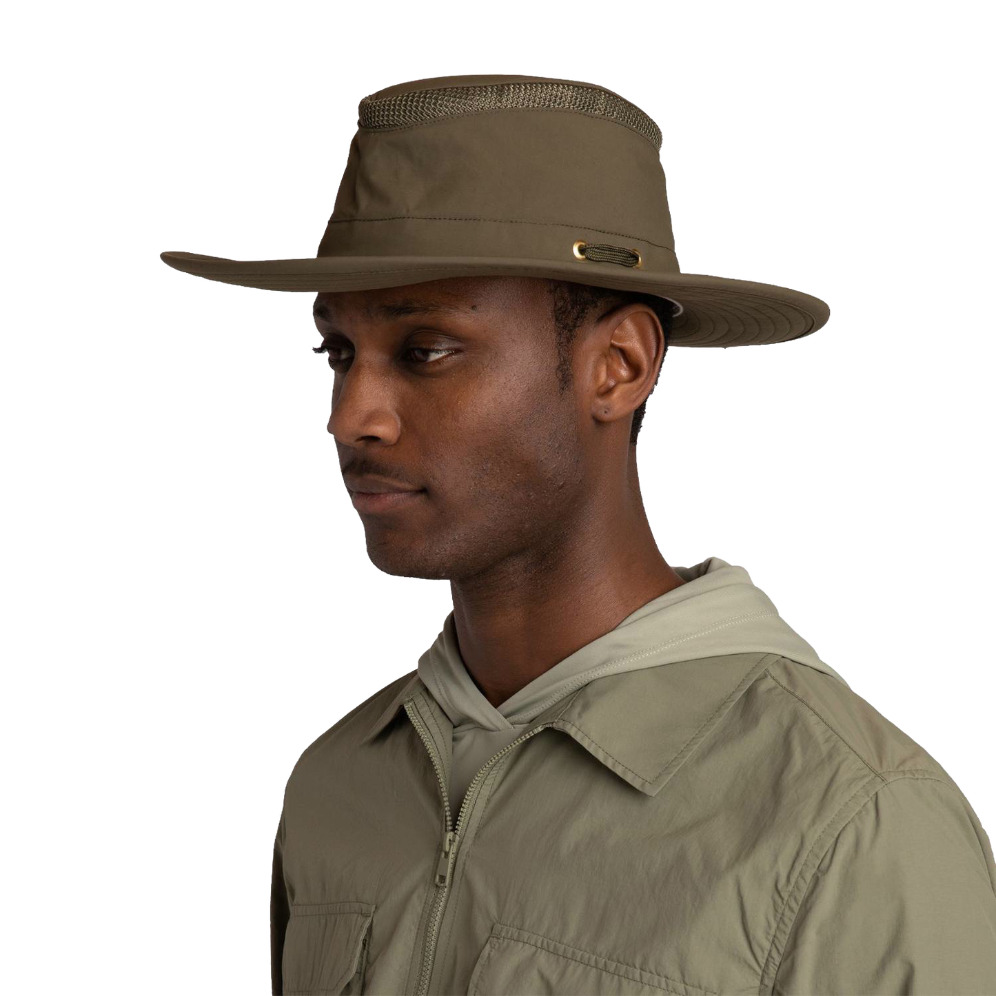 Man wearing an olive broad-brim hat with mesh ventilation, paired with a matching lightweight jacket, suitable for outdoor activities in camping, garden, and wellness collections.