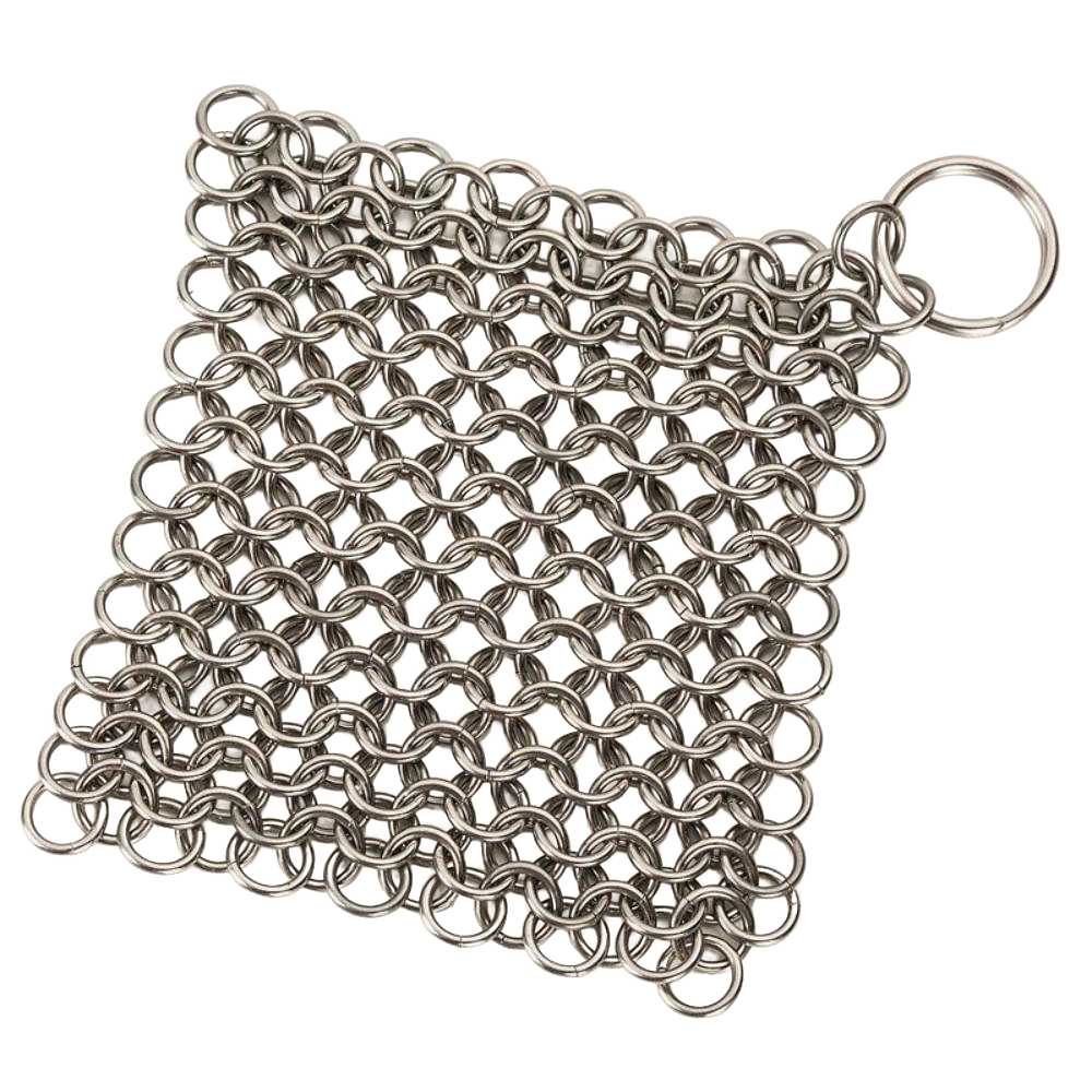 Handcrafted stainless steel chainmail cleaner for cast and wrought iron cookware, designed for effortless scrubbing, featured in Home & Decor, Household Cleaning, and Best Sellers collections.