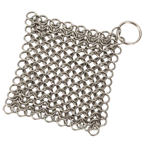 Handcrafted stainless steel chainmail cleaner for cast and wrought iron cookware, designed for effortless scrubbing, featured in Home & Decor, Household Cleaning, and Best Sellers collections.