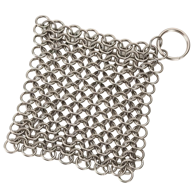 Handcrafted stainless steel chainmail cleaner for cast and wrought iron cookware, designed for effortless scrubbing, featured in Home & Decor, Household Cleaning, and Best Sellers collections.