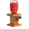 Handcrafted Amish-made stained oak candy dispenser featuring a clear quart jar filled with red candies, perfect for Kitchen & Food, Snacks and Sweets, Holiday Hosting, and USA Made collections.
