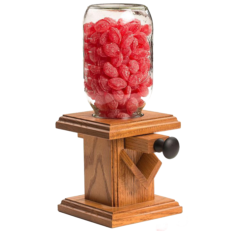 Handcrafted Amish-made stained oak candy dispenser featuring a clear quart jar filled with red candies, perfect for Kitchen & Food, Snacks and Sweets, Holiday Hosting, and USA Made collections.