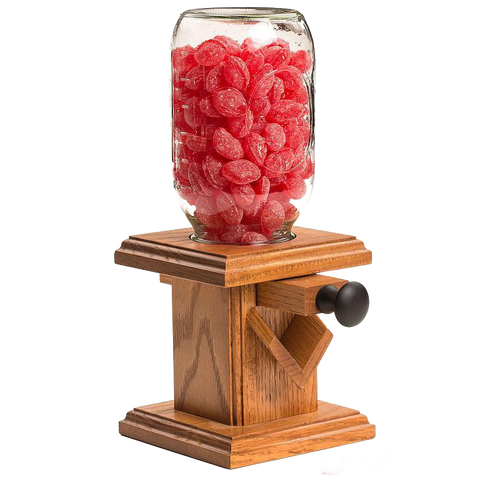 Handcrafted Amish-made stained oak candy dispenser featuring a clear quart jar filled with red candies, perfect for Kitchen & Food, Snacks and Sweets, Holiday Hosting, and USA Made collections.