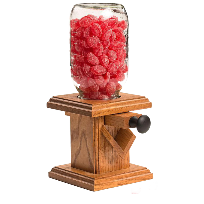 Handcrafted Amish-made stained oak candy dispenser featuring a clear quart jar filled with red candies, perfect for Kitchen & Food, Snacks and Sweets, Holiday Hosting, and USA Made collections.