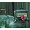 Vintage-inspired manual clothes wringer with wooden handle and smooth rollers mounted on a galvanized metal tub, crafted for home, garden, and laundry use in USA-made collections.