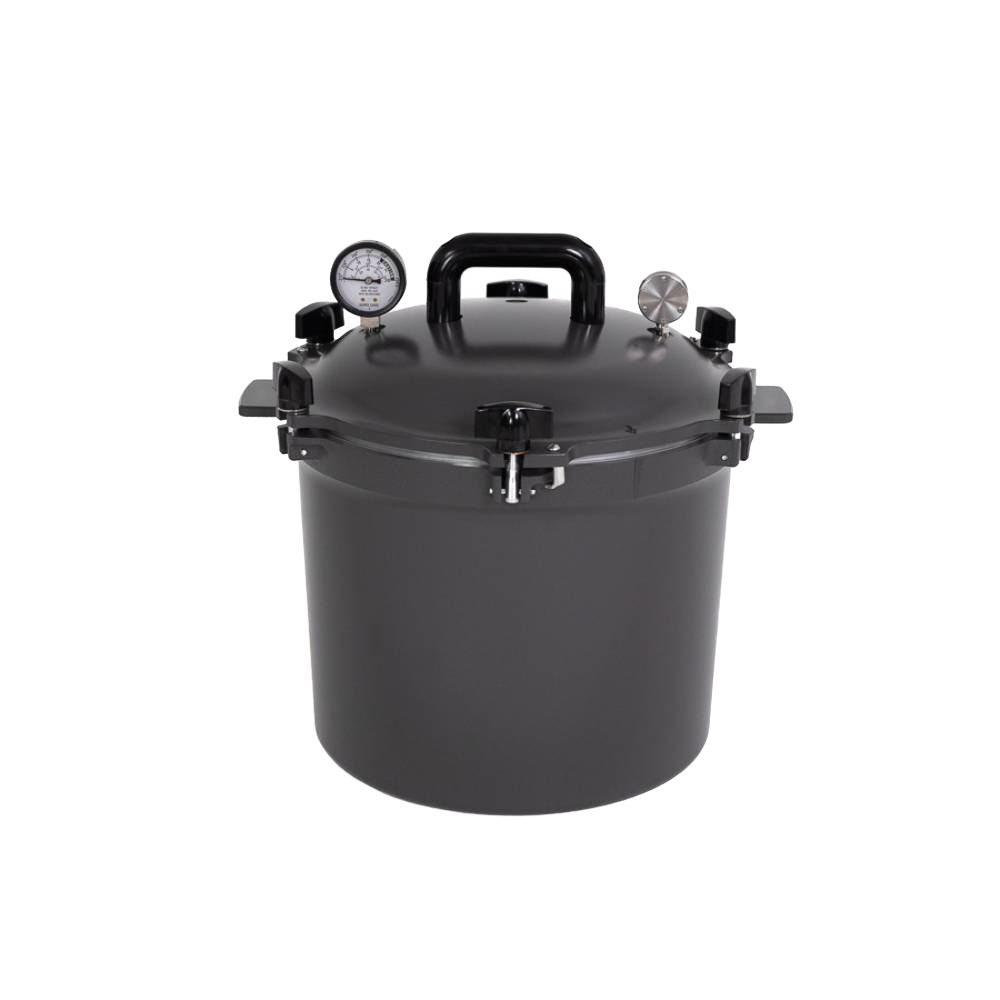 Matte black 21.5-quart pressure canner with secure locking lid, dual pressure gauges, and durable handles, crafted in USA for Kitchen & Food, Canning, Food Preservation, and Pressure Canners collections.