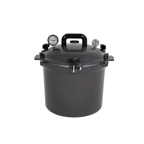 Matte black 21.5-quart pressure canner with secure locking lid, dual pressure gauges, and durable handles, crafted in USA for Kitchen & Food, Canning, Food Preservation, and Pressure Canners collections.
