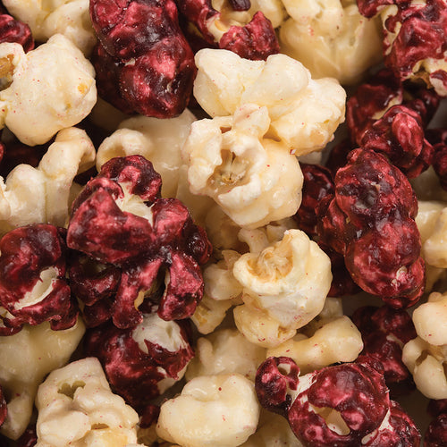 Close-up of handcrafted popcorn in contrasting white and rich burgundy colors, showcasing the fresh, locally made snack from Amish Country, featured in Kitchen & Food, Snacks and Sweets, USA Made, and Best Sellers collections.