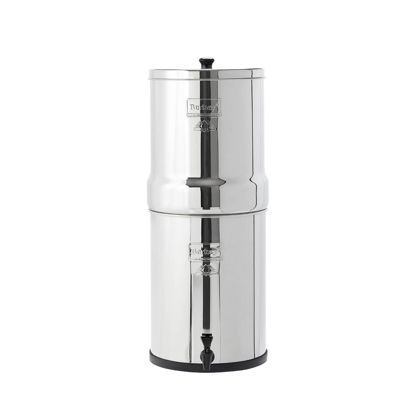 Stainless steel water filter system with two chambers and a spigot, designed for clean water filtration, featured in appliances and emergency supplies collections.
