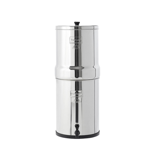 Stainless steel water filter system with two chambers and a spigot, designed for clean water filtration, featured in appliances and emergency supplies collections.