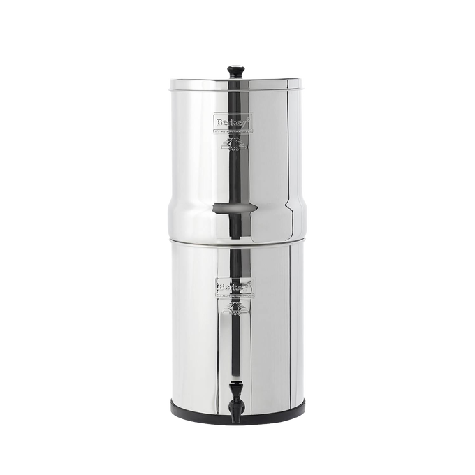 Stainless steel water filter system with two chambers and a spigot, designed for clean water filtration, featured in appliances and emergency supplies collections.