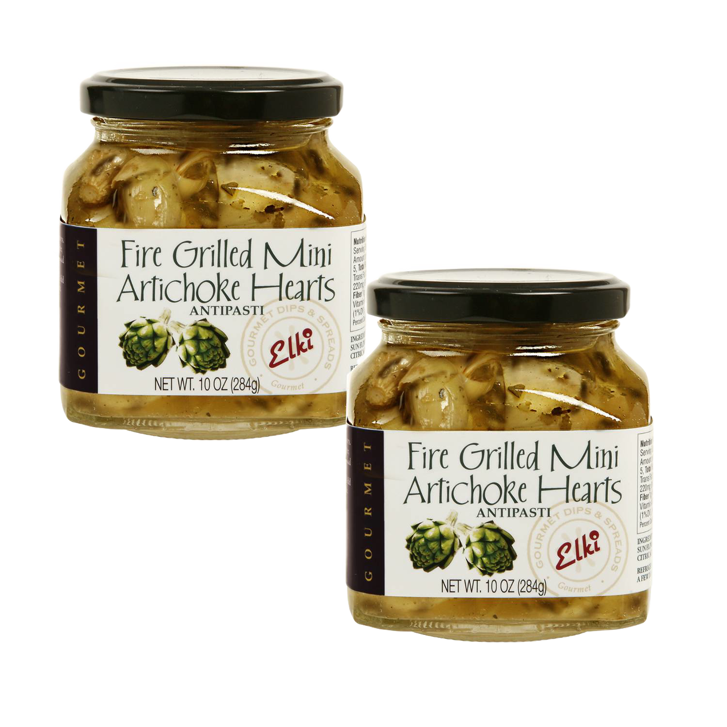 Two jars of fire-grilled mini artichoke hearts in oil, perfect for Kitchen & Food, Pantry, Best Sellers, and Promo Eligible collections, crafted for rich antipasti flavor.