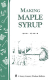 Cover of a booklet titled Making Maple Syrup by Noel Perrin, featuring a simple illustration of a person tapping maple trees near a sugar shack, included in farm and orchard how-to books collections.