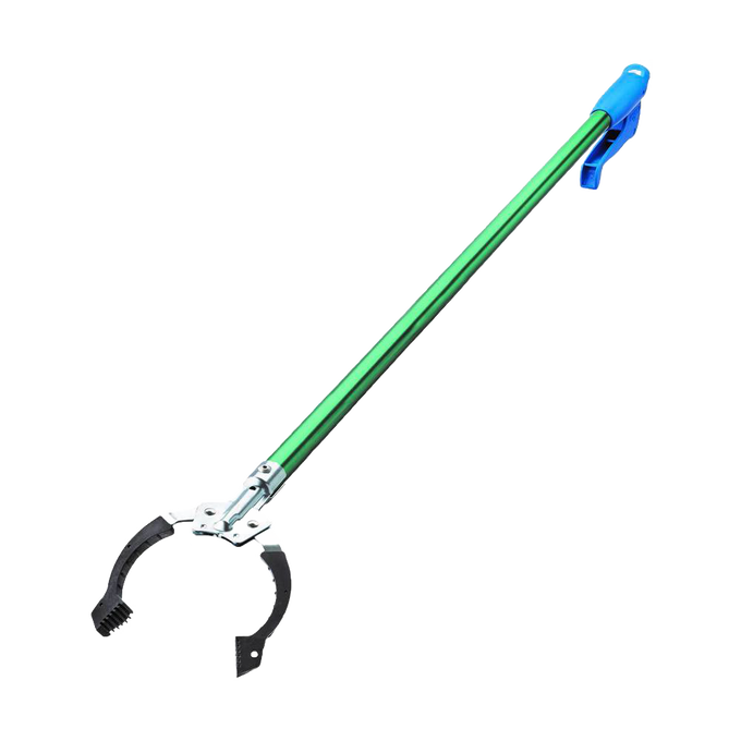 Handheld aluminum grabber tool with green shaft and blue handle, designed to reach and pick up items with ease, ideal for Home & Decor and Household Helpers collections.