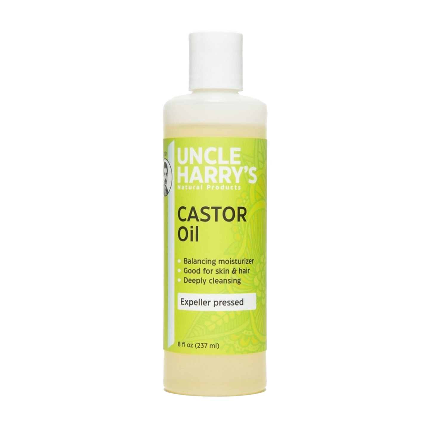 Bottle of Uncle Harry's castor oil moisturizer with expeller pressed formula, designed for skin and hair care, part of Health & Wellness, Grooming, and USA Made collections.