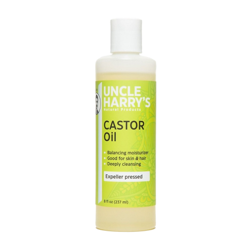 Bottle of Uncle Harry's castor oil moisturizer with expeller pressed formula, designed for skin and hair care, part of Health & Wellness, Grooming, and USA Made collections.