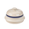Bell-shaped stoneware bread baker with a blue stripe, handcrafted and made in USA, ideal for Kitchen & Food, Cookware, Baking Supplies, Best Sellers, and Bread Making collections.