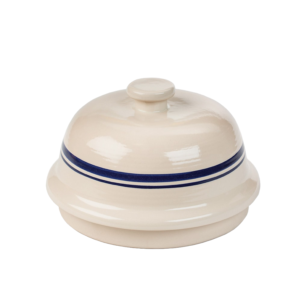 Bell-shaped stoneware bread baker with a blue stripe, handcrafted and made in USA, ideal for Kitchen & Food, Cookware, Baking Supplies, Best Sellers, and Bread Making collections.