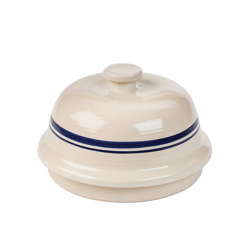 Bell-shaped stoneware bread baker with a blue stripe, handcrafted and made in USA, ideal for Kitchen & Food, Cookware, Baking Supplies, Best Sellers, and Bread Making collections.