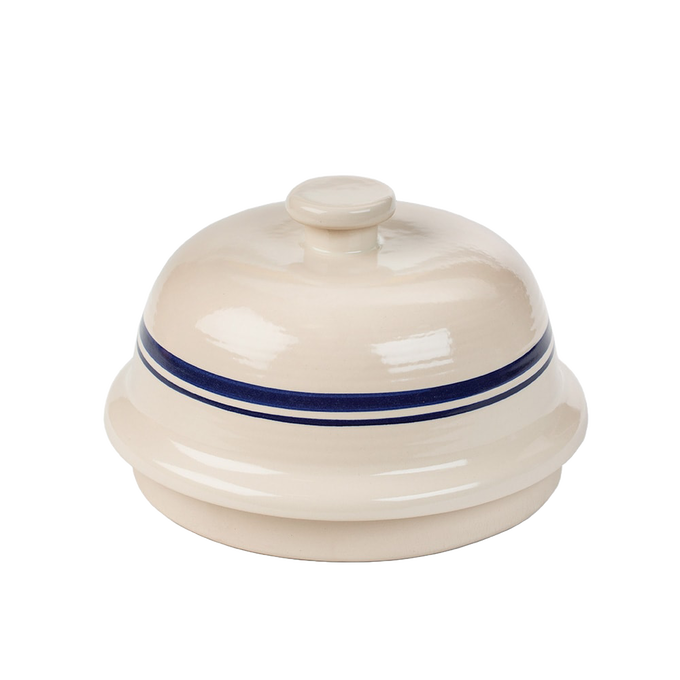 Bell-shaped stoneware bread baker with a blue stripe, handcrafted and made in USA, ideal for Kitchen & Food, Cookware, Baking Supplies, Best Sellers, and Bread Making collections.