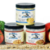 Three Amish made handcrafted 12-oz canisters of gluten-free soup bases with no MSG added, showcasing chicken, beef, and ham flavors, ideal for Kitchen & Food, Dry Goods and Mixes, Soups, Gluten Free, USA Made, Best Sellers, and Promo Eligible collections.