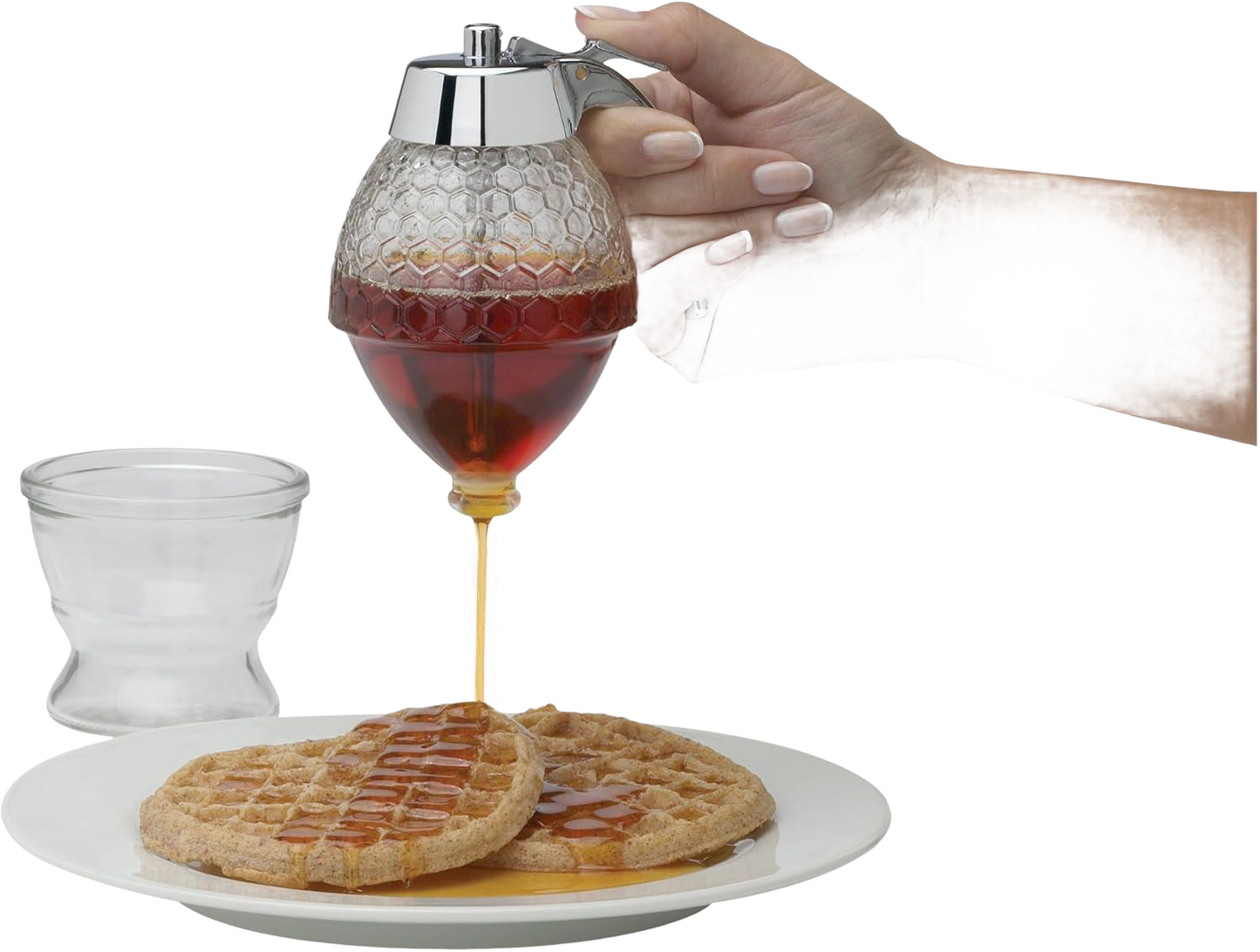 8 oz glass honey and syrup dispenser with textured honeycomb pattern and shiny metal lever pouring syrup onto waffle, ideal for Kitchen & Food, Storage and Serving, Best Sellers, and Promo Eligible collections.