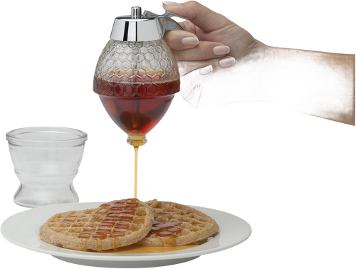 8 oz glass honey and syrup dispenser with textured honeycomb pattern and shiny metal lever pouring syrup onto waffle, ideal for Kitchen & Food, Storage and Serving, Best Sellers, and Promo Eligible collections.