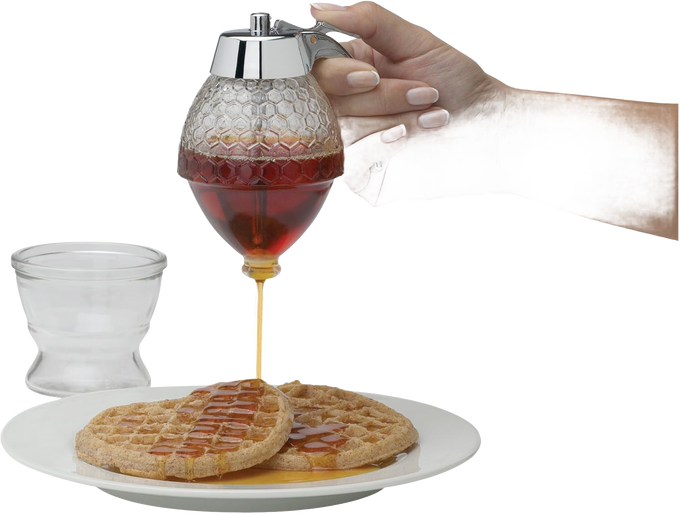 8 oz glass honey and syrup dispenser with textured honeycomb pattern and shiny metal lever pouring syrup onto waffle, ideal for Kitchen & Food, Storage and Serving, Best Sellers, and Promo Eligible collections.