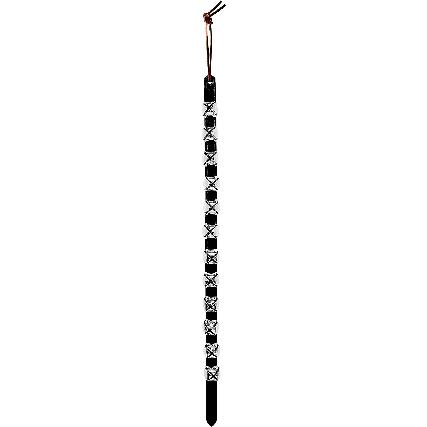 Long handcrafted sleigh bell hanger with alternating brass and silver-tone bells mounted on a black leather strap with a leather tie, perfect for Holiday Decor and USA Made collections.