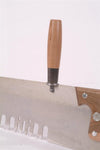 Close-up of a handcrafted wooden saw handle attached to a metal crosscut saw blade, designed for better control in woodworking and featured in Farm, Garden & Tool, Hand Tools and Hardware, and USA Made collections.