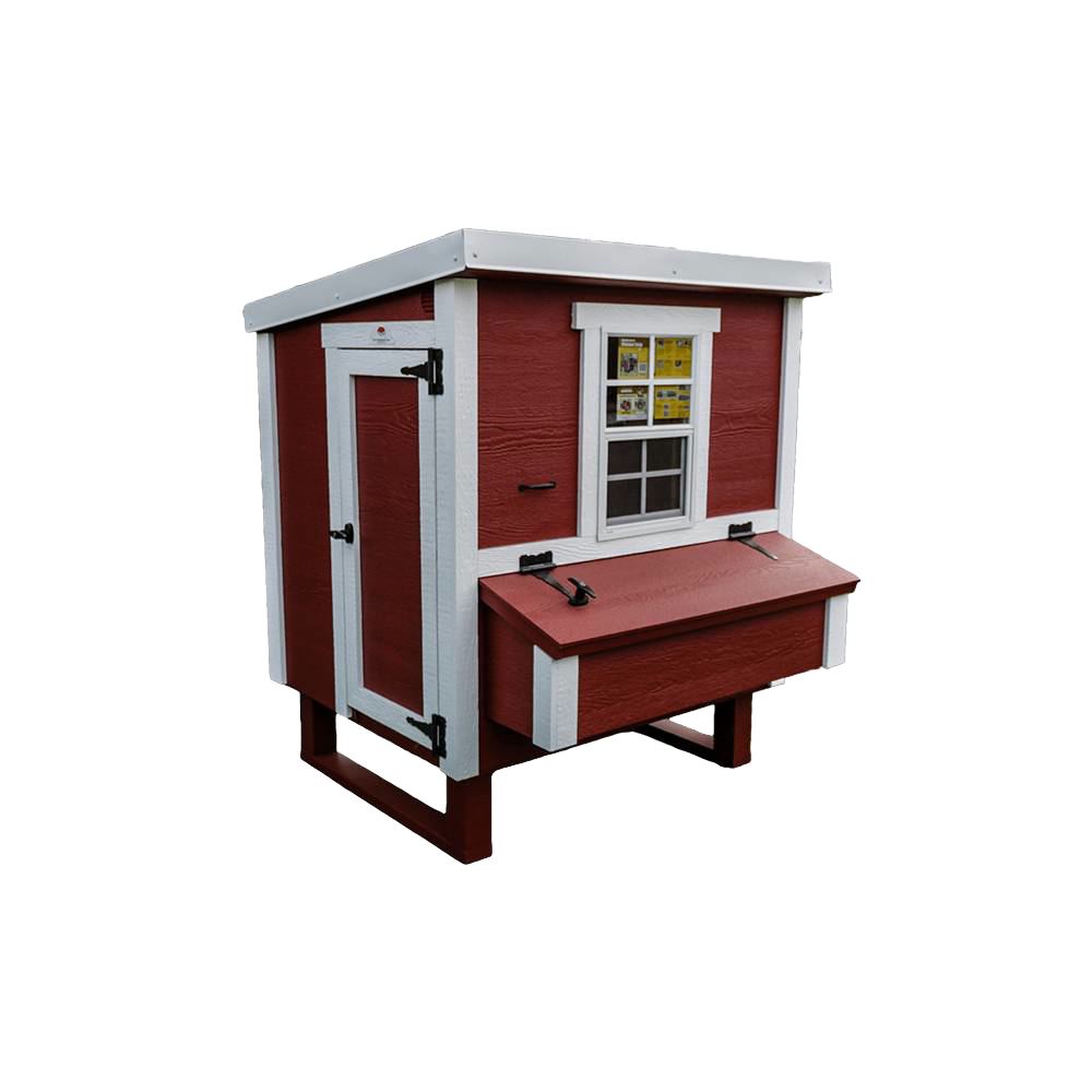 Handcrafted heavy-duty wooden chicken coop in red with white trim, featuring a secure door, hinged nesting box, and window, designed for year-round use in farm, garden & tool, chicken accessories, USA Made, Amish Made, and best sellers collections.