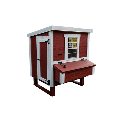 Handcrafted heavy-duty wooden chicken coop in red with white trim, featuring a secure door, hinged nesting box, and window, designed for year-round use in farm, garden & tool, chicken accessories, USA Made, Amish Made, and best sellers collections.
