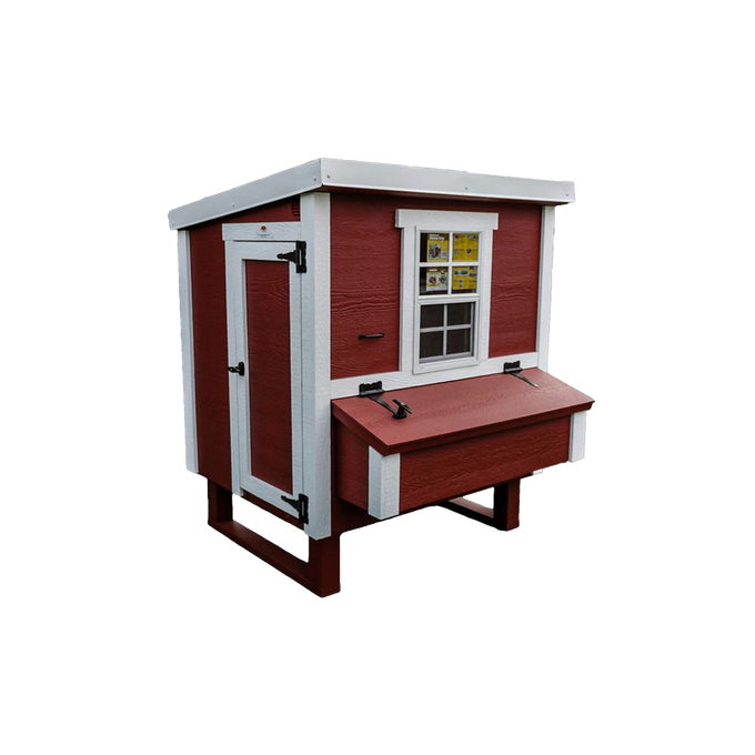 Handcrafted heavy-duty wooden chicken coop in red with white trim, featuring a secure door, hinged nesting box, and window, designed for year-round use in farm, garden & tool, chicken accessories, USA Made, Amish Made, and best sellers collections.