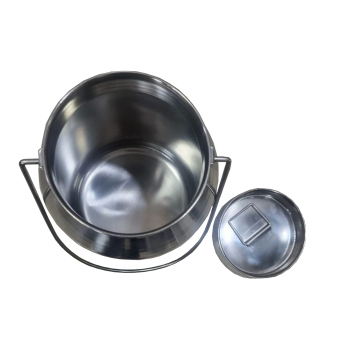 Shining 304 grade stainless steel milk can with seamless construction and removable lid, designed for easy cleaning and ideal for farm, garden, and animal care use.