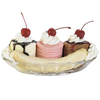 Glass dish holding a banana split featuring three scoops of vanilla, strawberry, and chocolate ice cream topped with whipped cream, chocolate and strawberry syrup, and maraschino cherries, perfect for Kitchen & Food and Baking Supplies collections.