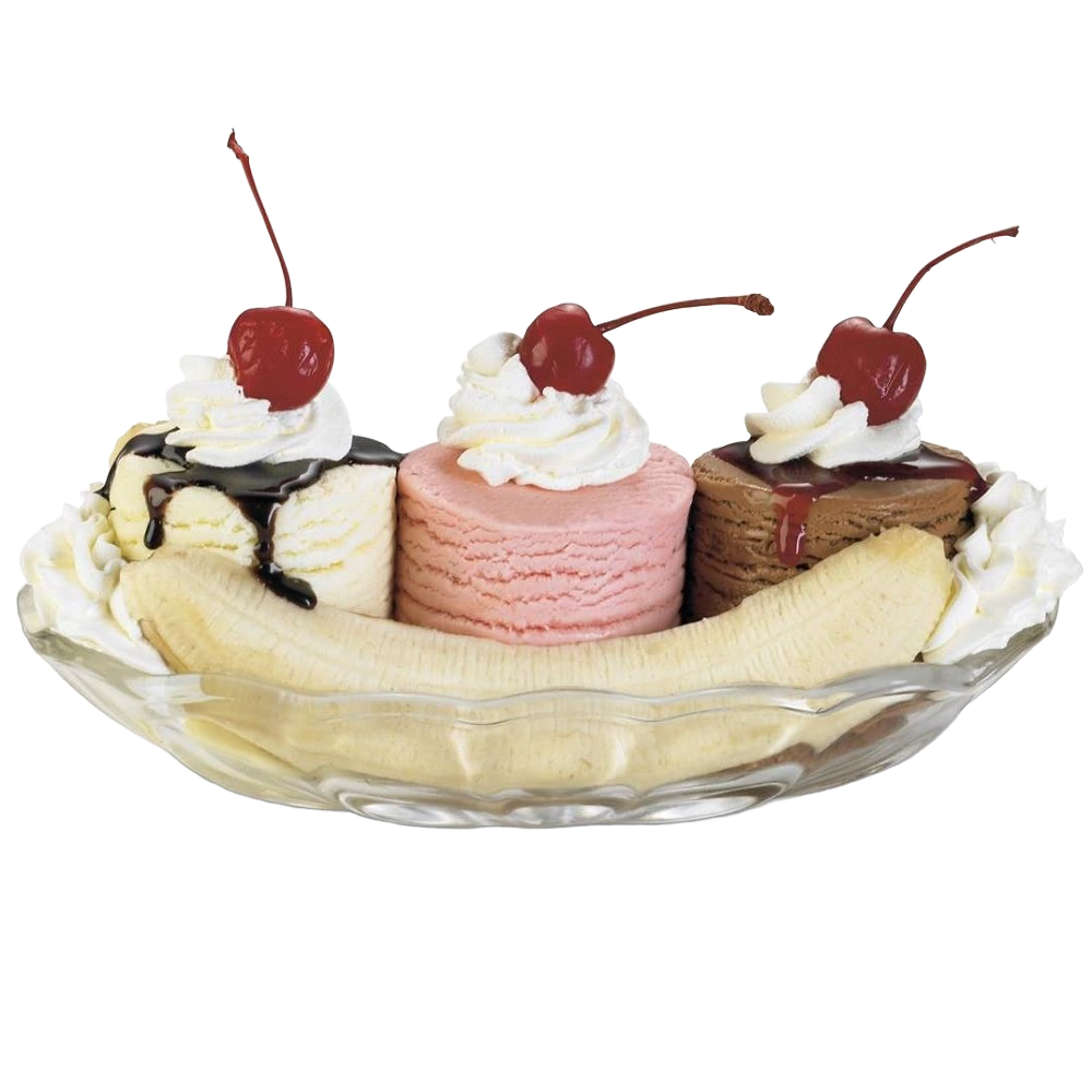 Glass dish holding a banana split featuring three scoops of vanilla, strawberry, and chocolate ice cream topped with whipped cream, chocolate and strawberry syrup, and maraschino cherries, perfect for Kitchen & Food and Baking Supplies collections.