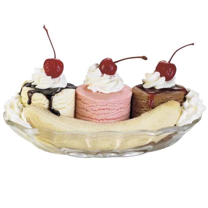 Glass dish holding a banana split featuring three scoops of vanilla, strawberry, and chocolate ice cream topped with whipped cream, chocolate and strawberry syrup, and maraschino cherries, perfect for Kitchen & Food and Baking Supplies collections.