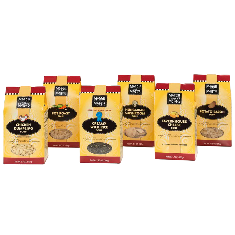 Six assorted Maggie and Mary's Soup Mixes in bright yellow and red packaging, featuring flavors like Chicken Dumpling and Potato Bacon, made in USA for Kitchen & Food, Soups, Dry Goods and Mixes, Food, Best Sellers, and Promo Eligible collections.
