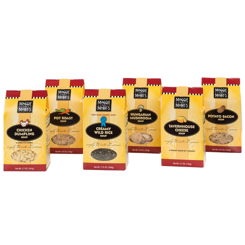 Six assorted Maggie and Mary's Soup Mixes in bright yellow and red packaging, featuring flavors like Chicken Dumpling and Potato Bacon, made in USA for Kitchen & Food, Soups, Dry Goods and Mixes, Food, Best Sellers, and Promo Eligible collections.