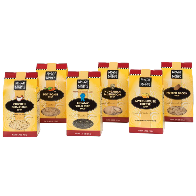 Six assorted Maggie and Mary's Soup Mixes in bright yellow and red packaging, featuring flavors like Chicken Dumpling and Potato Bacon, made in USA for Kitchen & Food, Soups, Dry Goods and Mixes, Food, Best Sellers, and Promo Eligible collections.