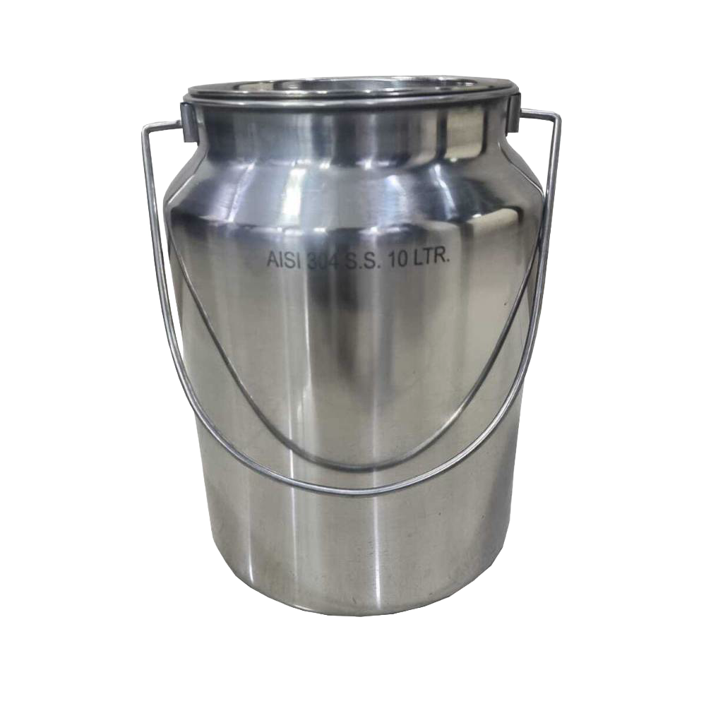Shiny stainless steel milk can with secure lid and handle, crafted from 304 grade seamless steel for easy cleaning, ideal for farm, garden, and animal care use.