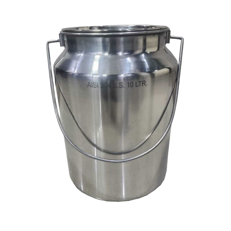 Shiny stainless steel milk can with secure lid and handle, crafted from 304 grade seamless steel for easy cleaning, ideal for farm, garden, and animal care use.