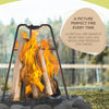 Metal vertical frame holding wood logs upright with bright orange flames, designed for efficient campfire burning, featured in Farm, Garden & Tool, Camping, Best Sellers, and Promo Eligible collections.
