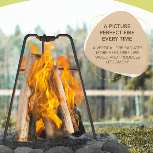 Metal vertical frame holding wood logs upright with bright orange flames, designed for efficient campfire burning, featured in Farm, Garden & Tool, Camping, Best Sellers, and Promo Eligible collections.