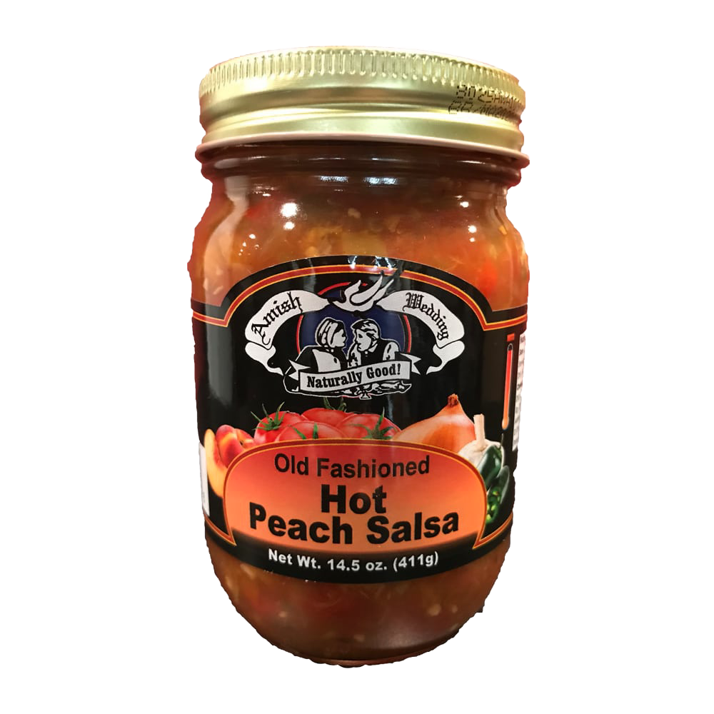 Glass jar of handcrafted Amish Wedding old fashioned hot peach salsa with a thick, chunky texture, made in USA, ideal for Kitchen & Food, Snacks and Sweets, Pantry, and Best Sellers collections.