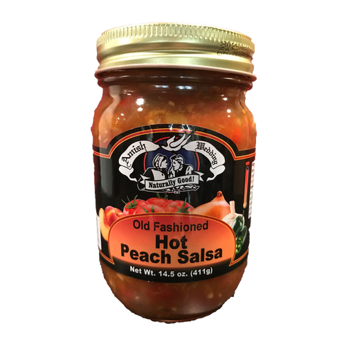 Glass jar of handcrafted Amish Wedding old fashioned hot peach salsa with a thick, chunky texture, made in USA, ideal for Kitchen & Food, Snacks and Sweets, Pantry, and Best Sellers collections.